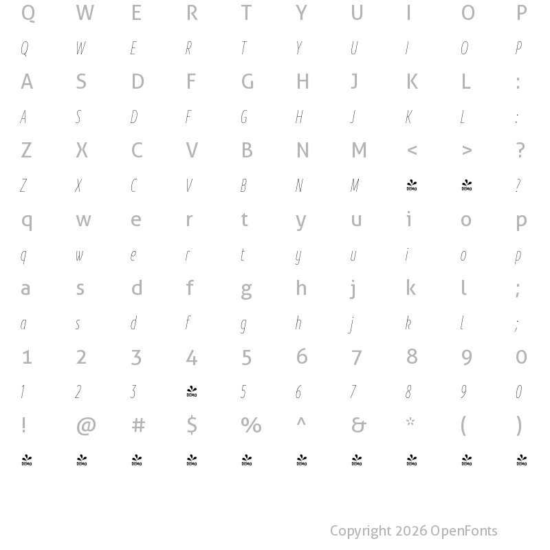 Character Map of FONTSPRING DEMO - Branding SF Cmp Thin It Regular