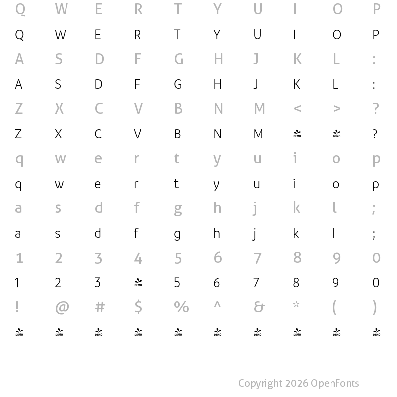 Character Map of FONTSPRING DEMO - Branding SF Narrow SemiLight Regular