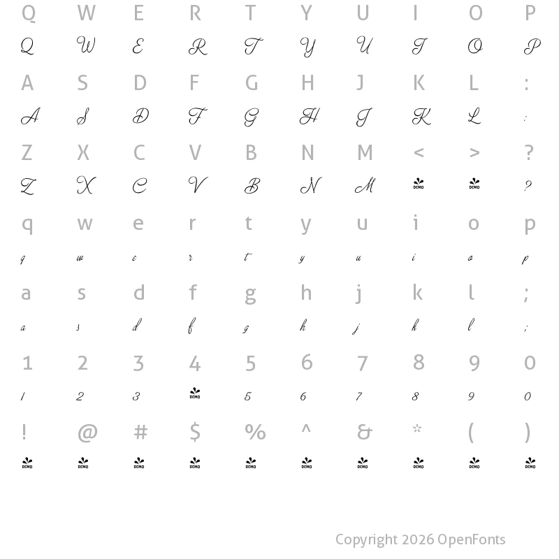 Character Map of FONTSPRING DEMO - Breakfast Script Light Regular