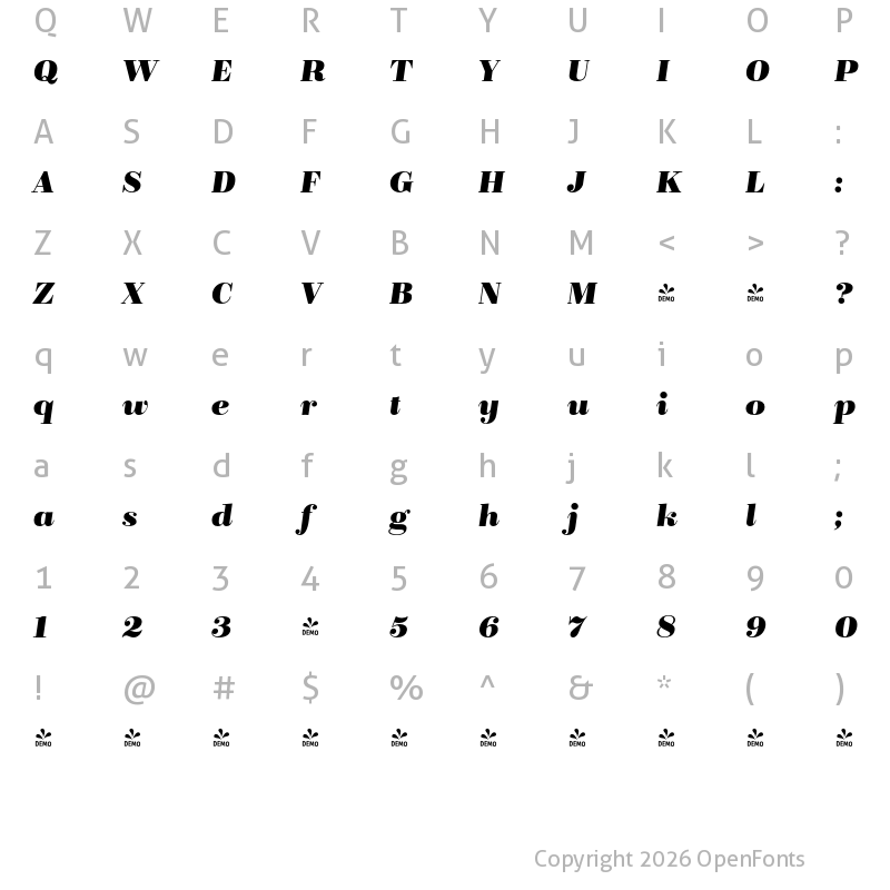 Character Map of FONTSPRING DEMO - Bridone Bold Italic