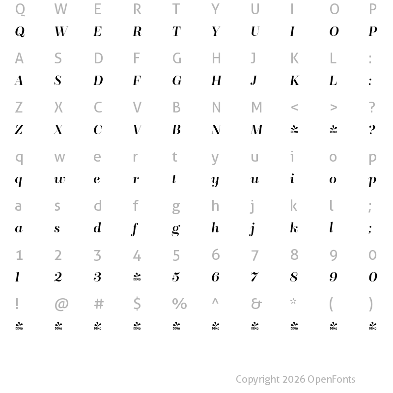 Character Map of FONTSPRING DEMO - BridoneTitling Book Italic