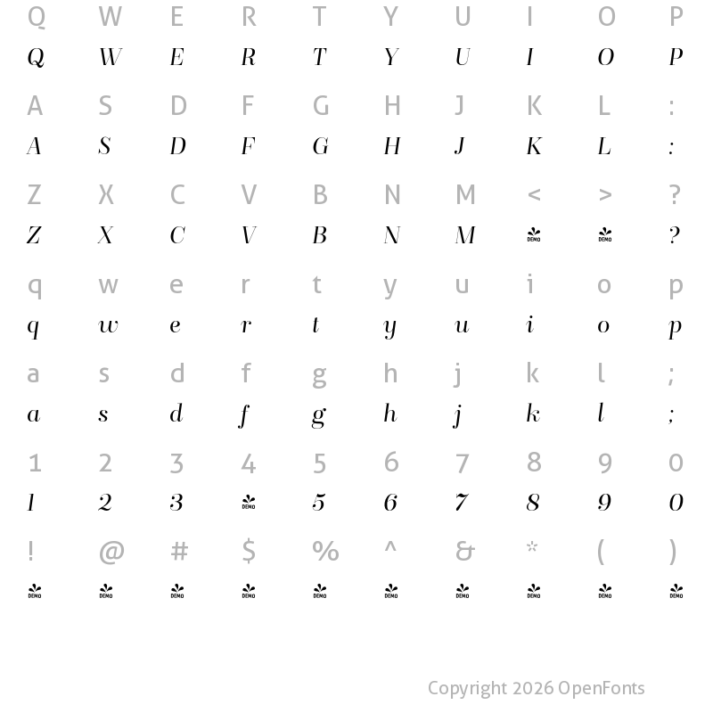 Character Map of FONTSPRING DEMO - BridoneTitling Light Italic