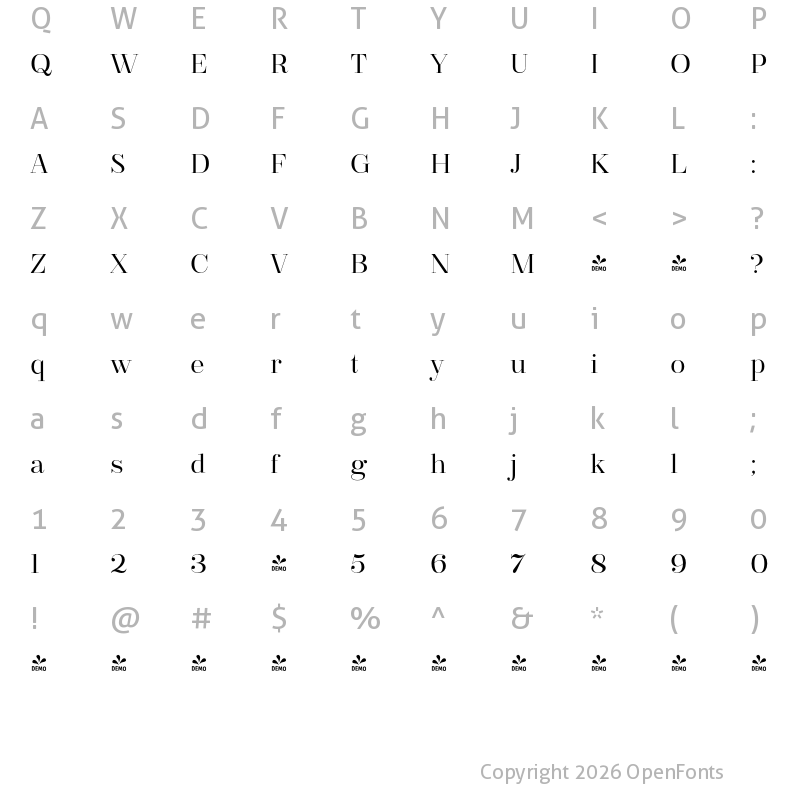 Character Map of FONTSPRING DEMO - BridoneTitling Light Regular