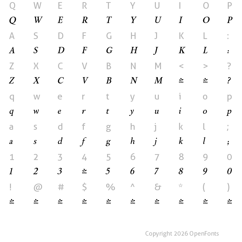 Character Map of FONTSPRING DEMO - Brigade Med Italic
