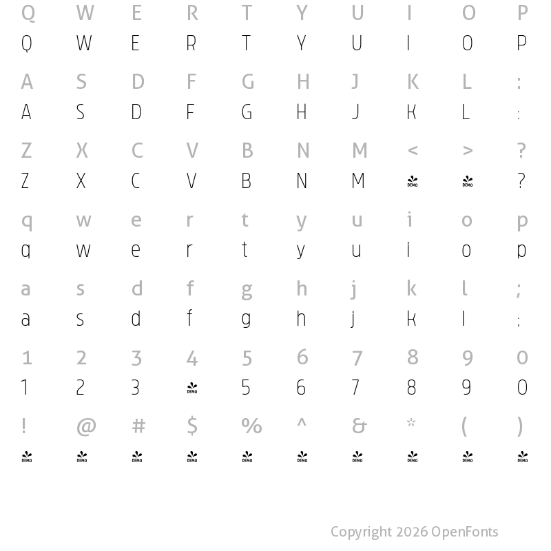 Character Map of FONTSPRING DEMO - Brilk ExtraLight Regular
