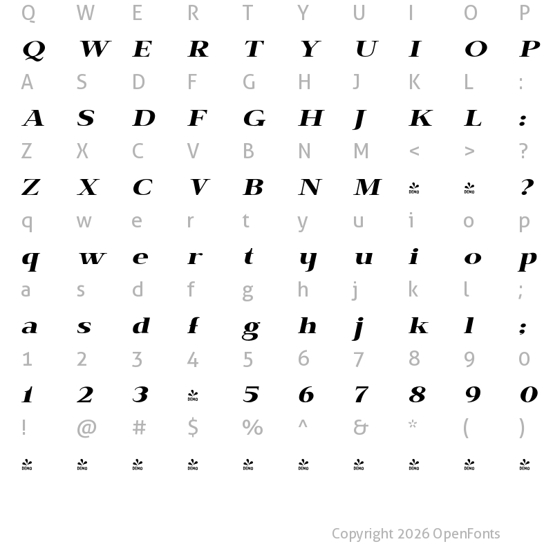 Character Map of FONTSPRING DEMO - BrixtonPro-BoldOblique Regular