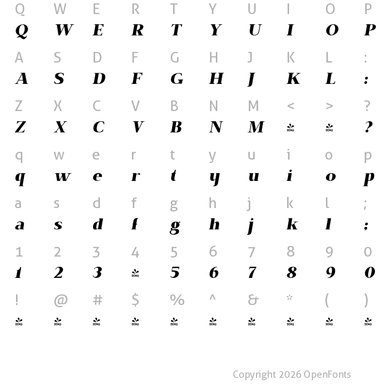 Character Map of FONTSPRING DEMO - BrixtonPro-CondensedHeavyOblique Regular