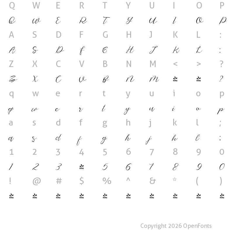 Character Map of FONTSPRING DEMO - Brohillo Script Regular