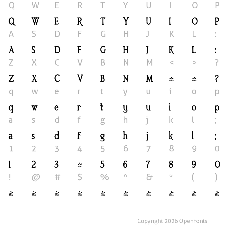 Character Map of FONTSPRING DEMO - Bronzetti Condensed Condensed Bold