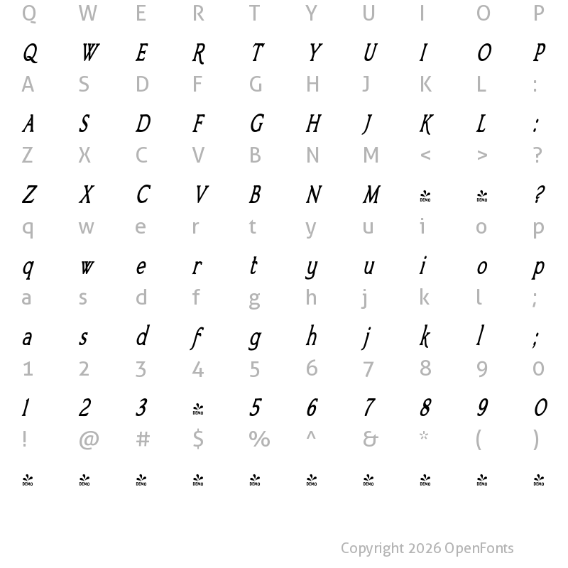Character Map of FONTSPRING DEMO - Bronzetti Condensed Condensed Bold Italic