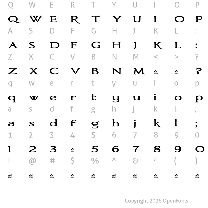 Character Map of FONTSPRING DEMO - Bronzetti Expanded Expanded Bold