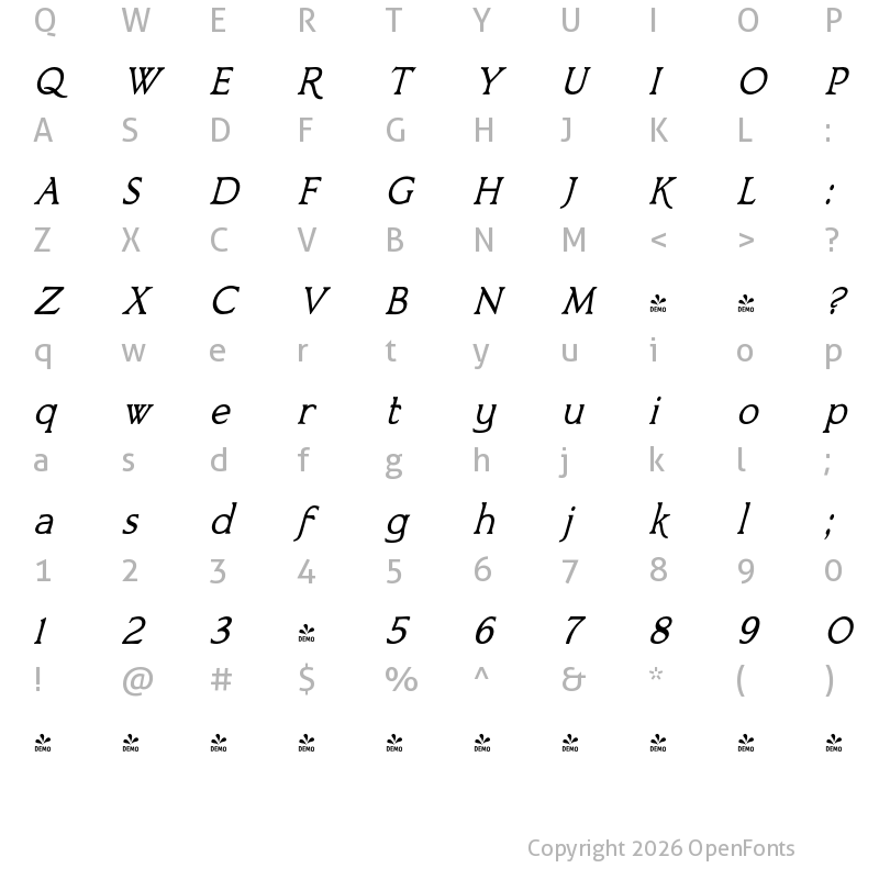 Character Map of FONTSPRING DEMO - Bronzetti Italic