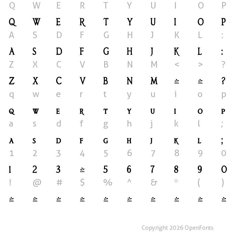 Character Map of FONTSPRING DEMO - Bronzetti SmallCapsCondensed Condensed Bold