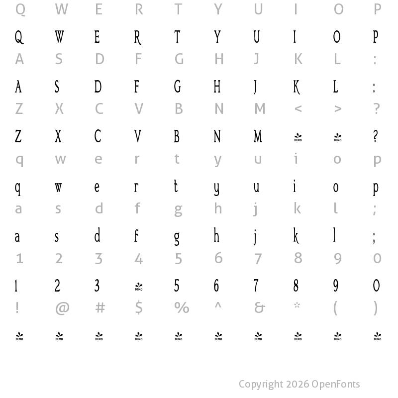 Character Map of FONTSPRING DEMO - Bronzetti UltraCondensed Ultra-condensed Regular