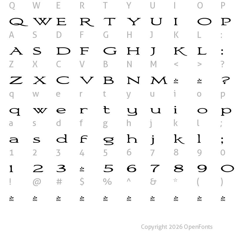 Character Map of FONTSPRING DEMO - Bronzetti UltraExpanded Ultra-expanded Regular