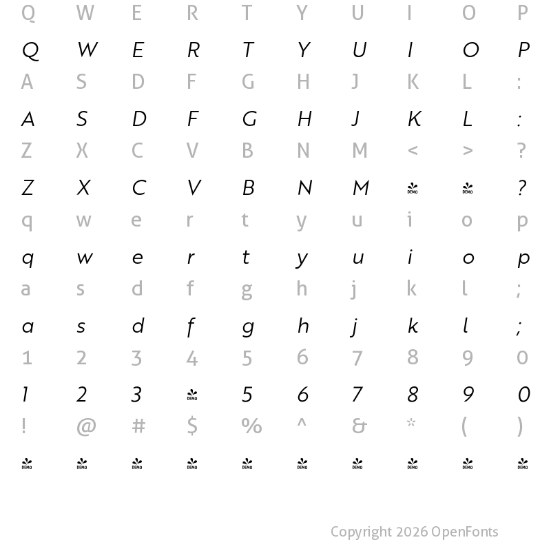 Character Map of FONTSPRING DEMO - Brother 1816 Book Italic