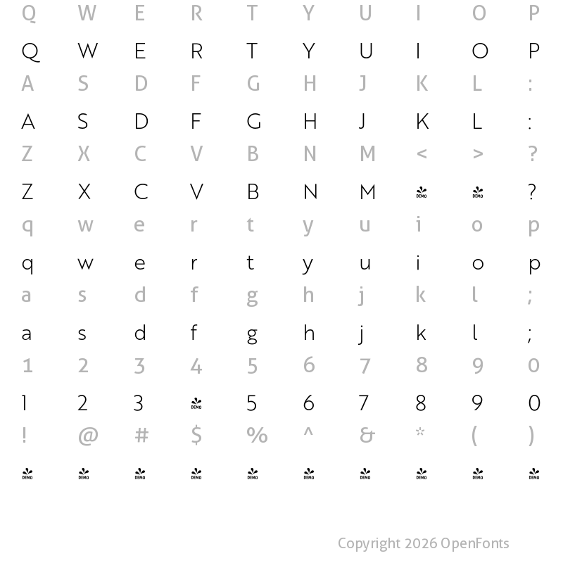 Character Map of FONTSPRING DEMO - Brother 1816 Light