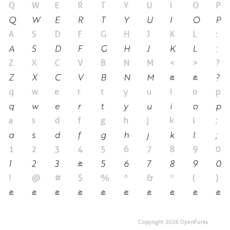 Character Map of FONTSPRING DEMO - Brother 1816 Printed Light Italic