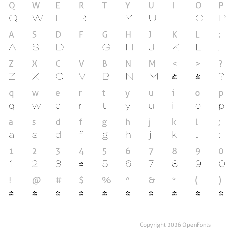 Character Map of FONTSPRING DEMO - Bruta Glb Extended Thin Regular
