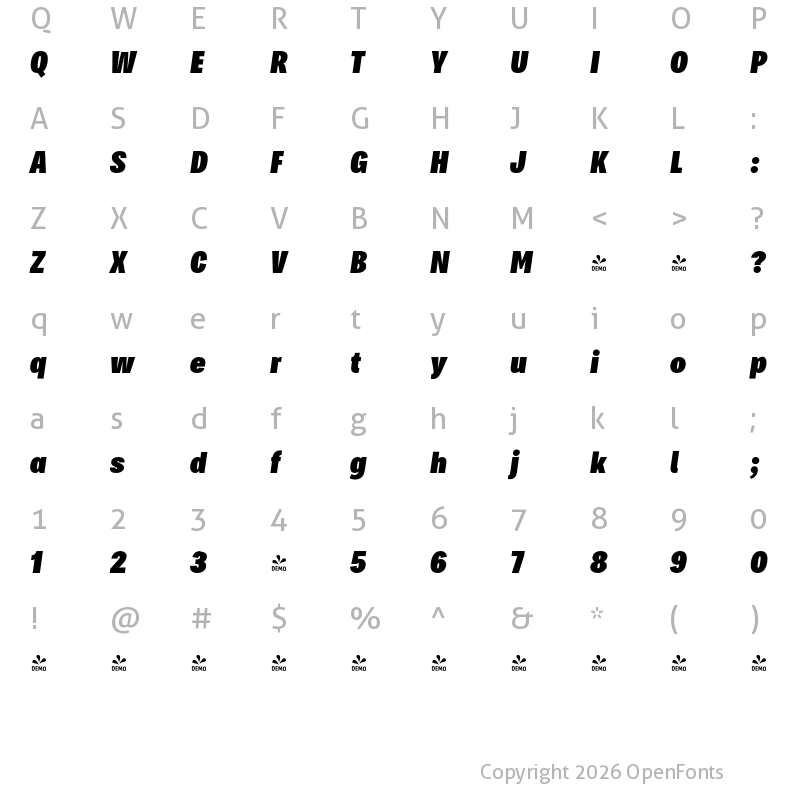 Character Map of FONTSPRING DEMO - Bruta Pro Compressed Black It Regular