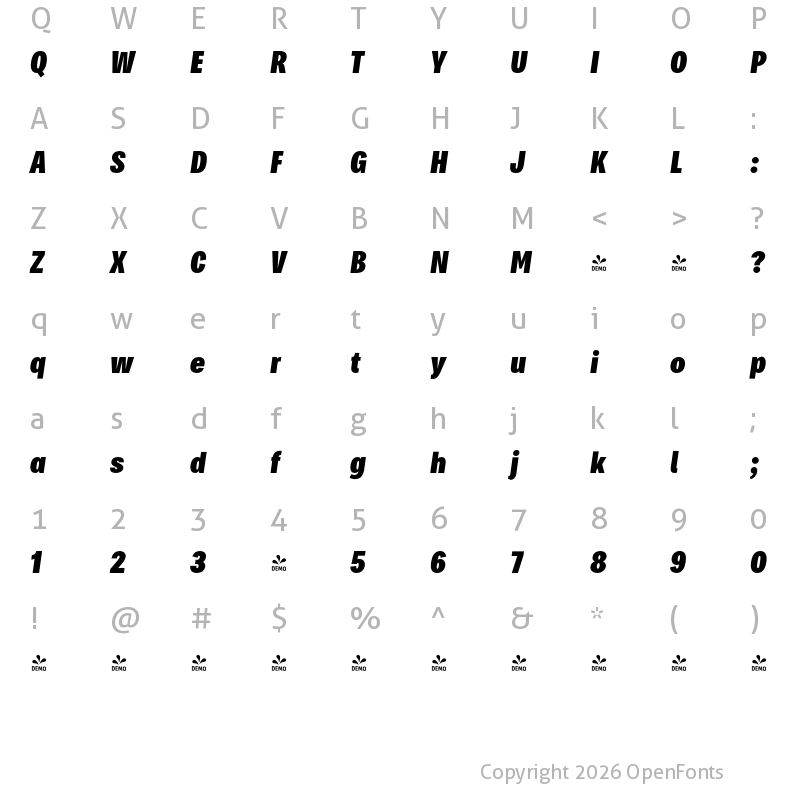 Character Map of FONTSPRING DEMO - Bruta Pro Compressed Ex Bold It Regular