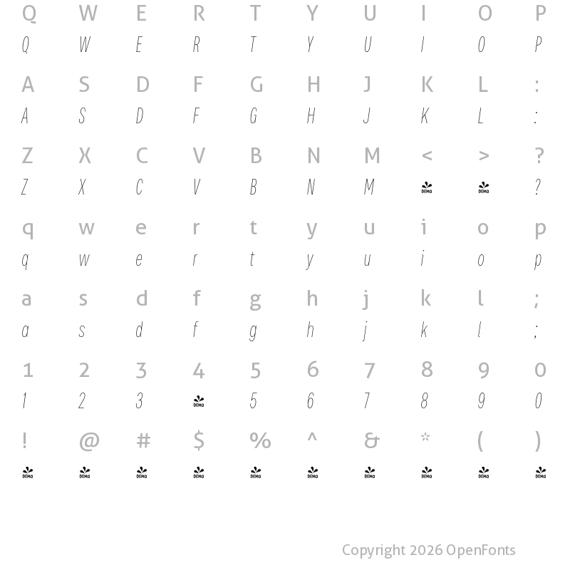 Character Map of FONTSPRING DEMO - Bruta Pro Compressed Thin It Regular