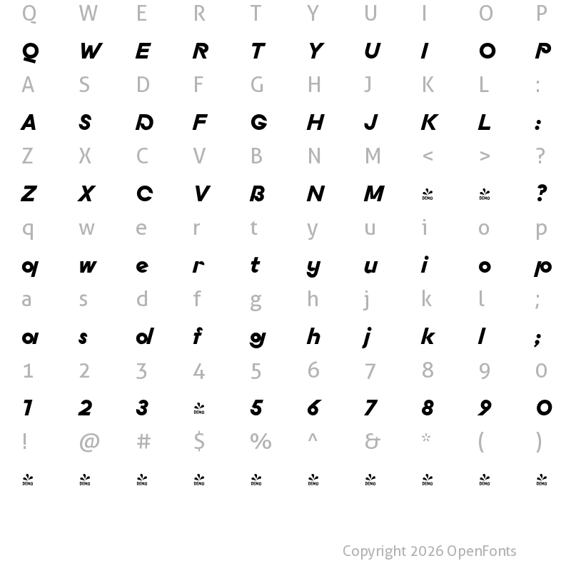 Character Map of FONTSPRING DEMO - Budare Black Rotalic Regular