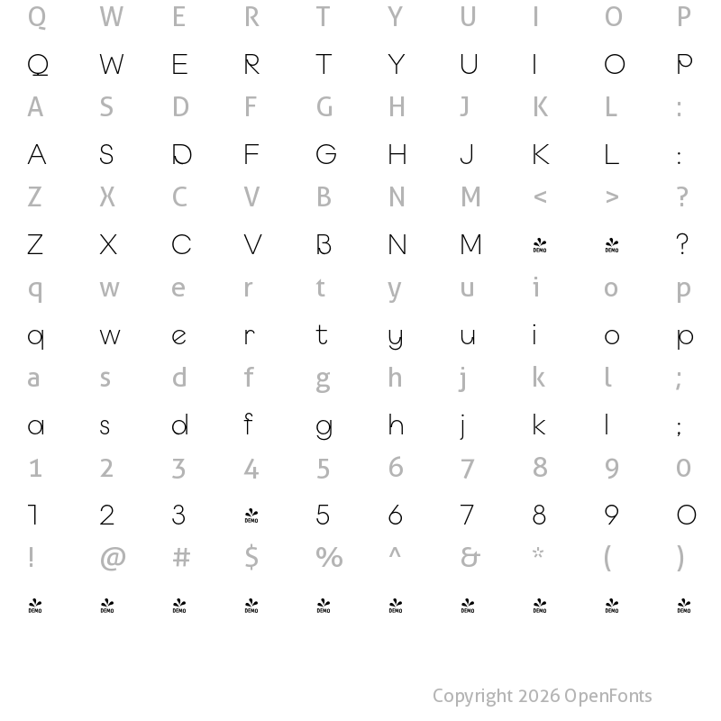 Character Map of FONTSPRING DEMO - Budare Light Regular