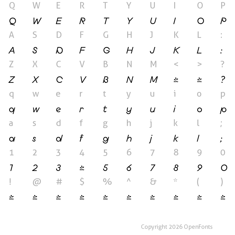 Character Map of FONTSPRING DEMO - Budare Medium Rotalic Regular