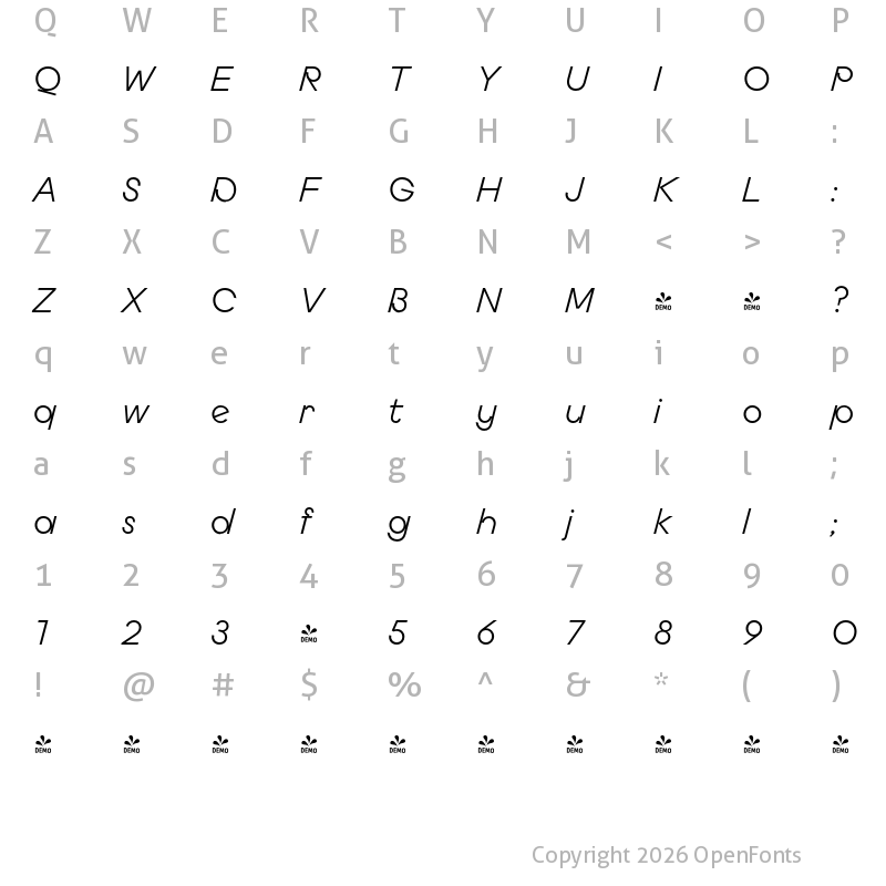 Character Map of FONTSPRING DEMO - Budare Rotalic Regular