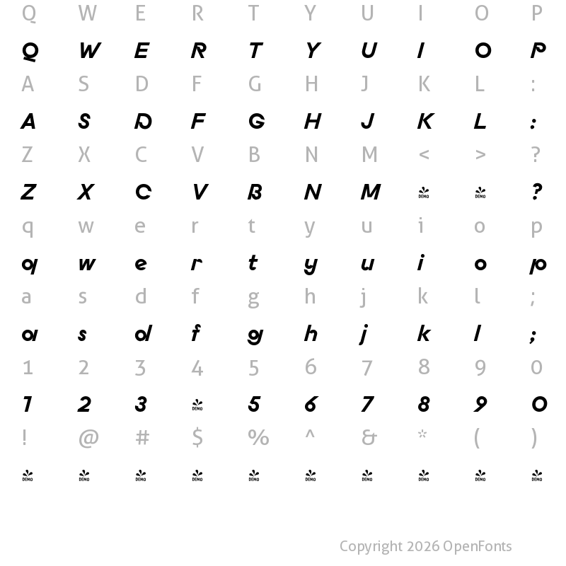 Character Map of FONTSPRING DEMO - Budare Ultra Bold Rotalic Regular