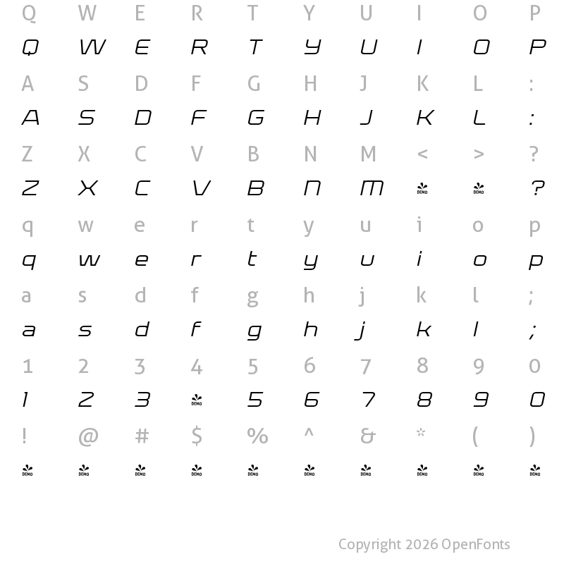 Character Map of FONTSPRING DEMO - Bullish Light LowerCase Oblique Regular