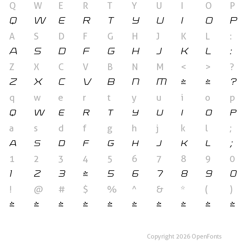 Character Map of FONTSPRING DEMO - Bullish Light Small Caps Obliqu Regular