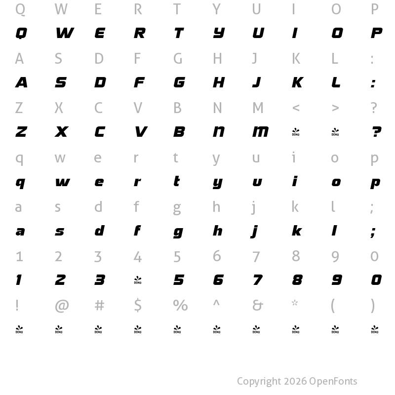 Character Map of FONTSPRING DEMO - Bullish Lower Case Oblique Regular