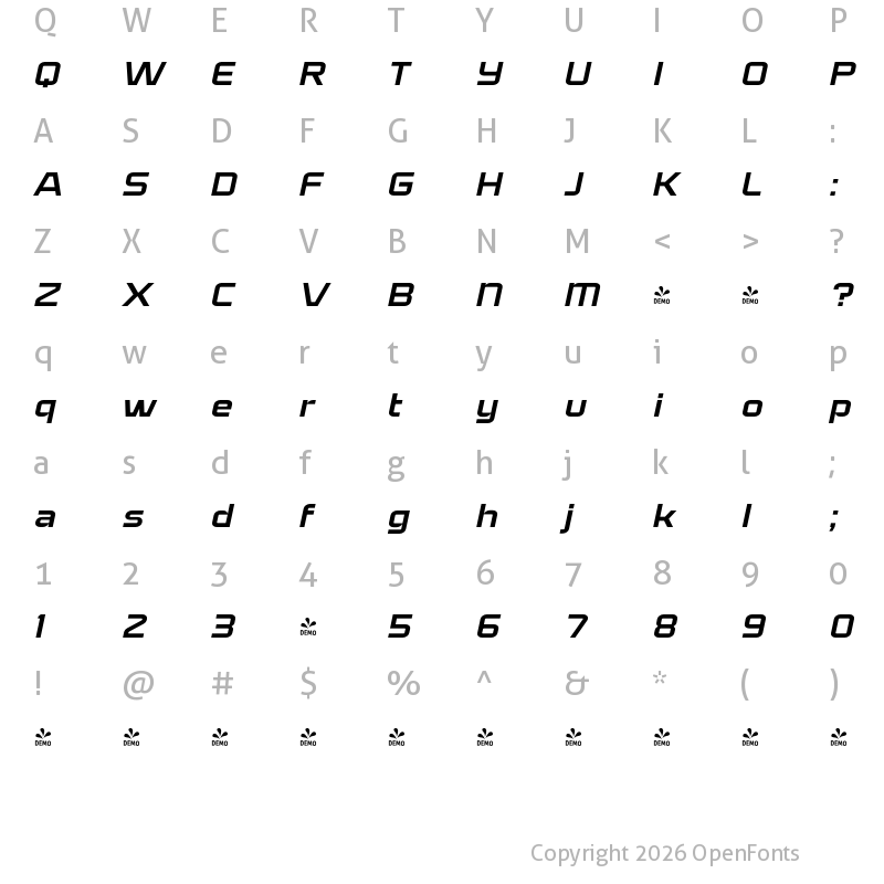 Character Map of FONTSPRING DEMO - Bullish Medium Lower Case Obliq Regular