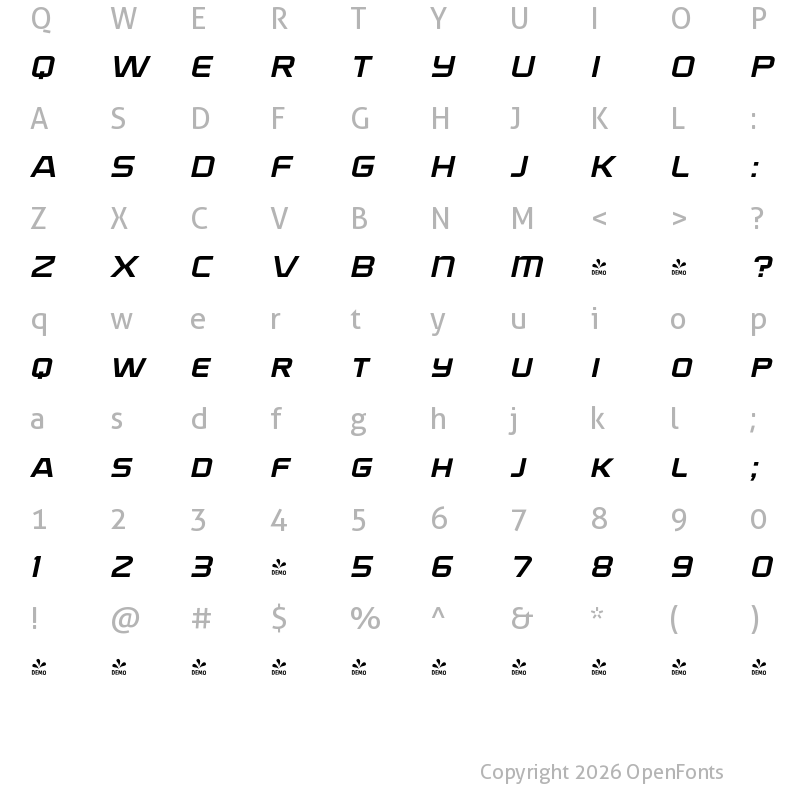 Character Map of FONTSPRING DEMO - Bullish Medium Small Caps Obliq Regular