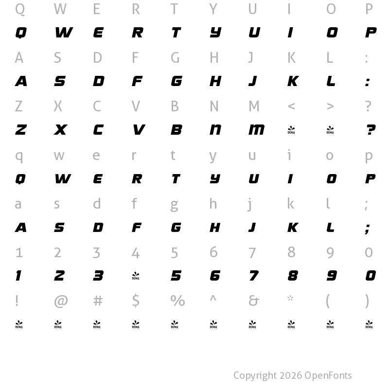 Character Map of FONTSPRING DEMO - Bullish Small Caps Oblique Regular