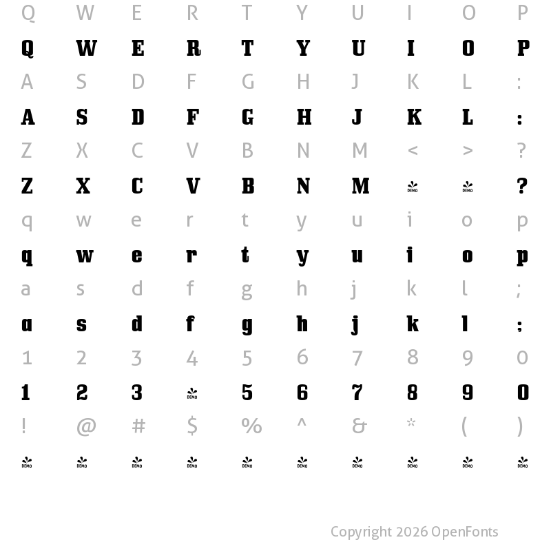 Character Map of FONTSPRING DEMO - Bullpen Hv Regular