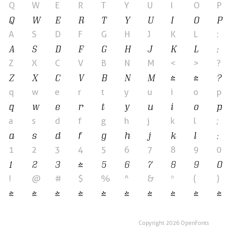 Character Map of FONTSPRING DEMO - Bullpen Lt Italic