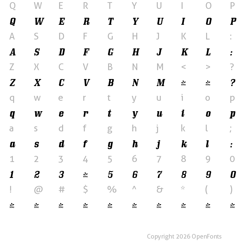 Character Map of FONTSPRING DEMO - Bullpen Rg Bold Italic