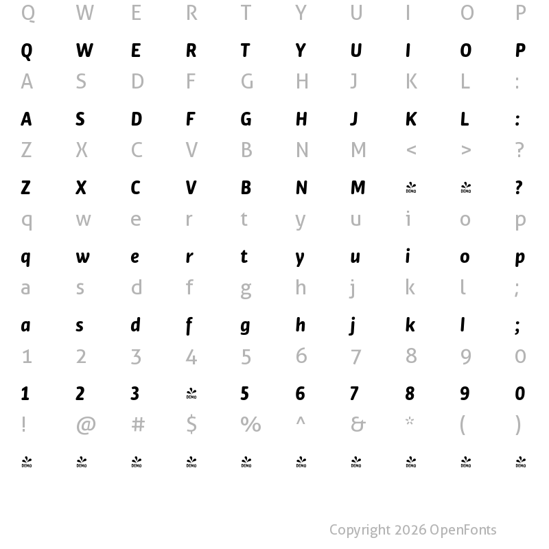Character Map of FONTSPRING DEMO - Bulo Rounded Bold Italic Regular