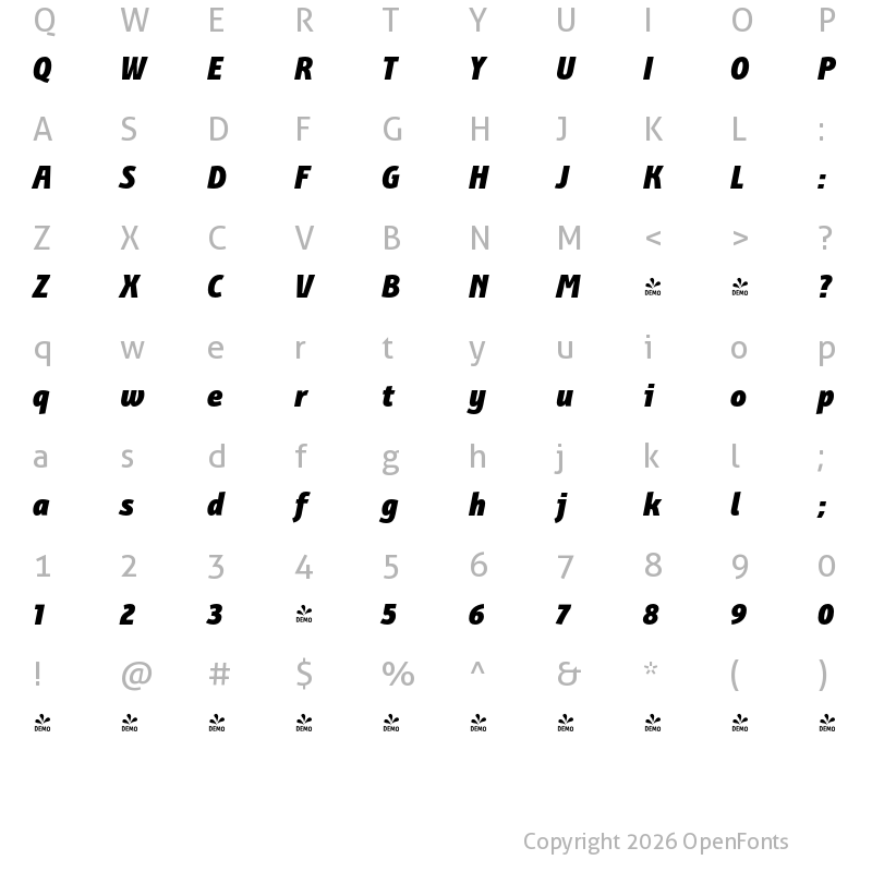 Character Map of FONTSPRING DEMO - BunaeroPro-HeavyIt Regular