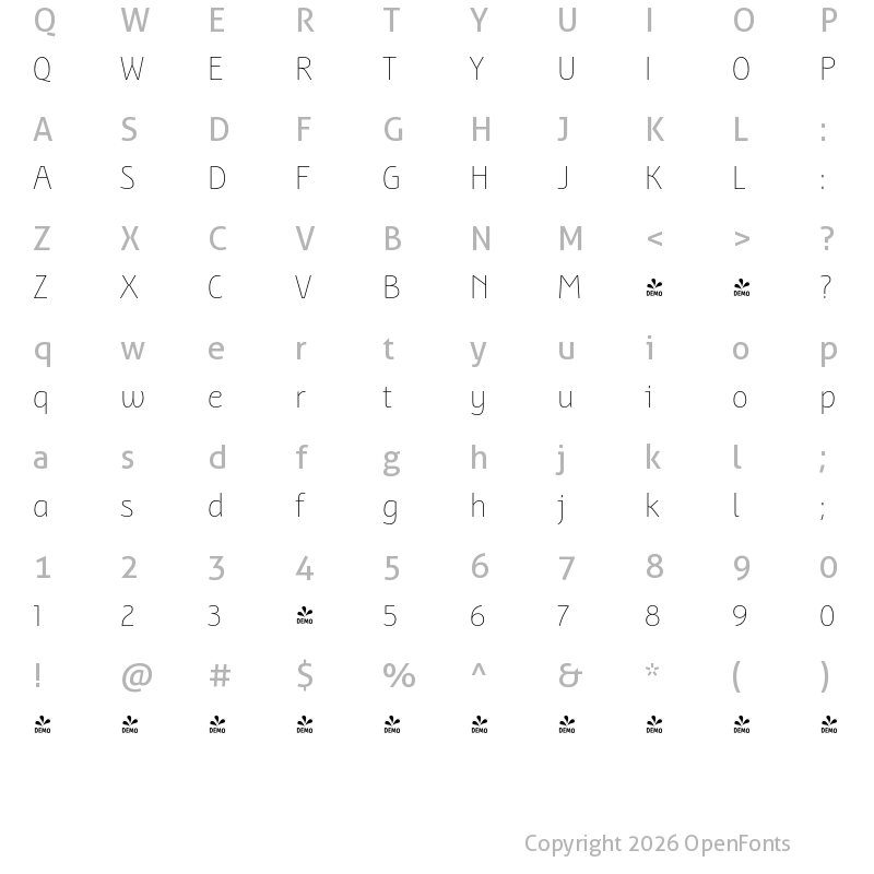 Character Map of FONTSPRING DEMO - BunaeroPro-ThinUp Regular