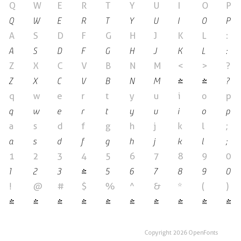 Character Map of FONTSPRING DEMO - Bunday Clean Regular Italic