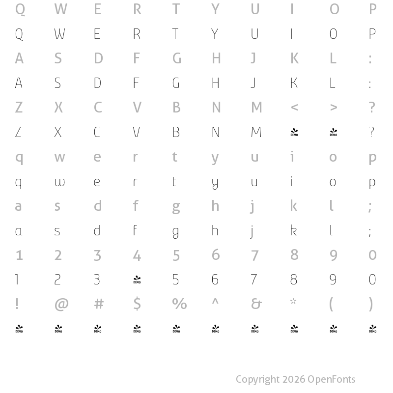 Character Map of FONTSPRING DEMO - BundayCleanYYY-ThinUp Regular
