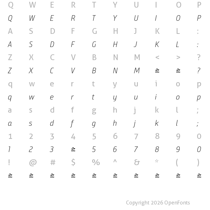 Character Map of FONTSPRING DEMO - BundaySans-LightIt Regular