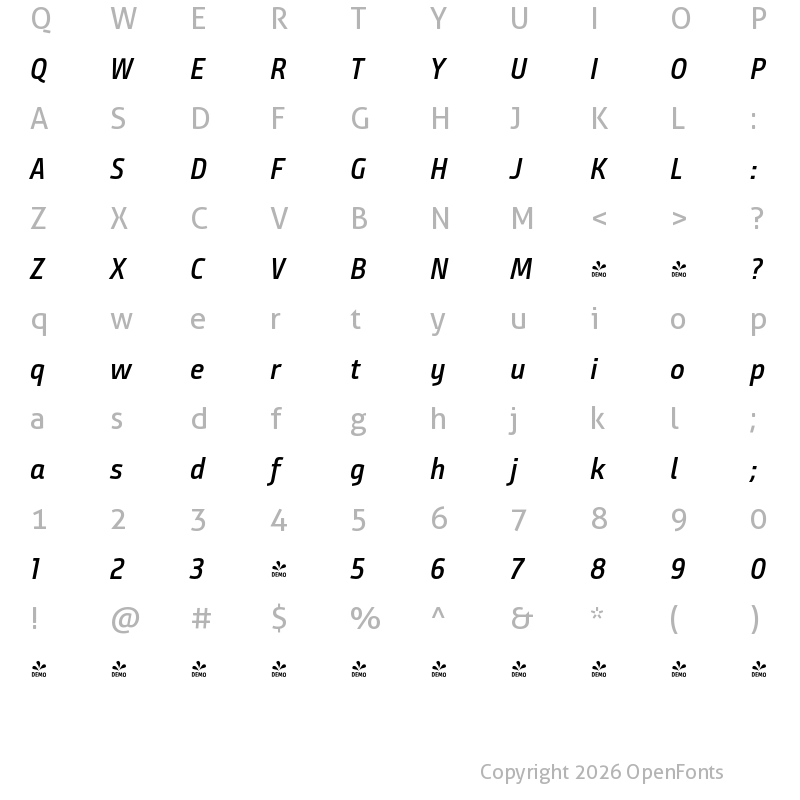 Character Map of FONTSPRING DEMO - BundaySans-SemiBoldIt Regular