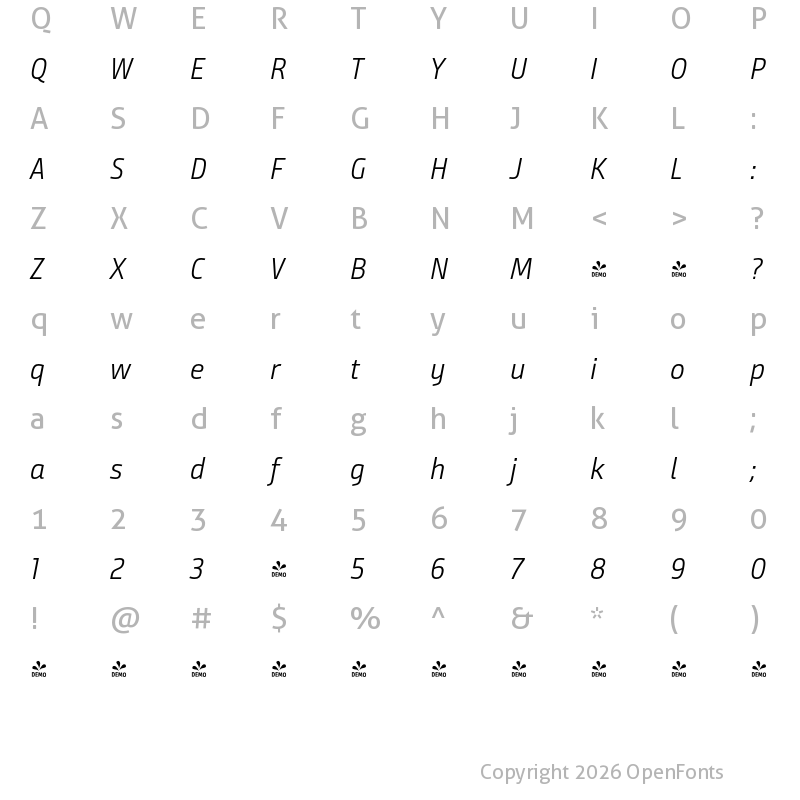 Character Map of FONTSPRING DEMO - BundaySans-SemiLightIt Regular