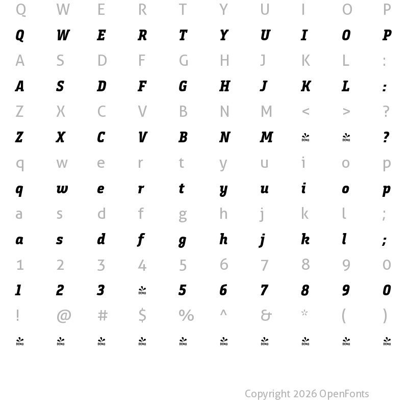 Character Map of FONTSPRING DEMO - BundaySlab-ExtraBoldIt Regular