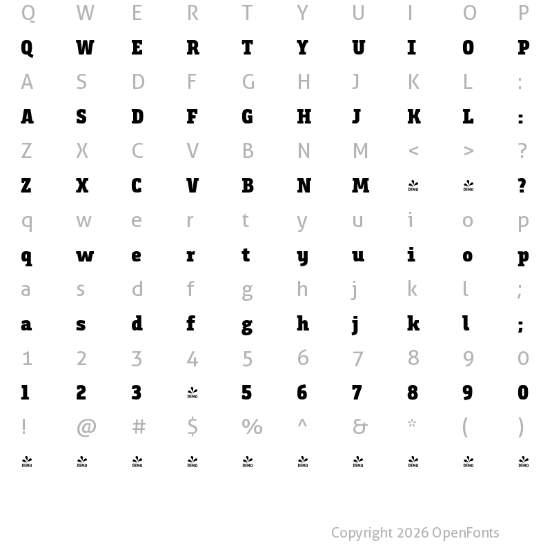 Character Map of FONTSPRING DEMO - BundaySlab-Heavy Regular